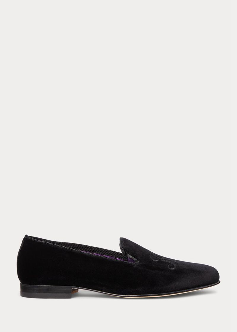 パープル レーベル スリップオン メンズ 黒 Alonzo Embroidered Velvet Slipper KZSOX5784